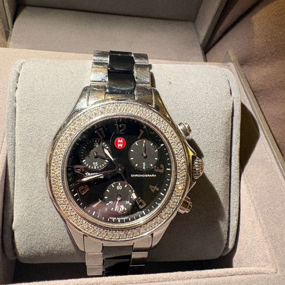 Michele Silver and Black Chronograph Watch